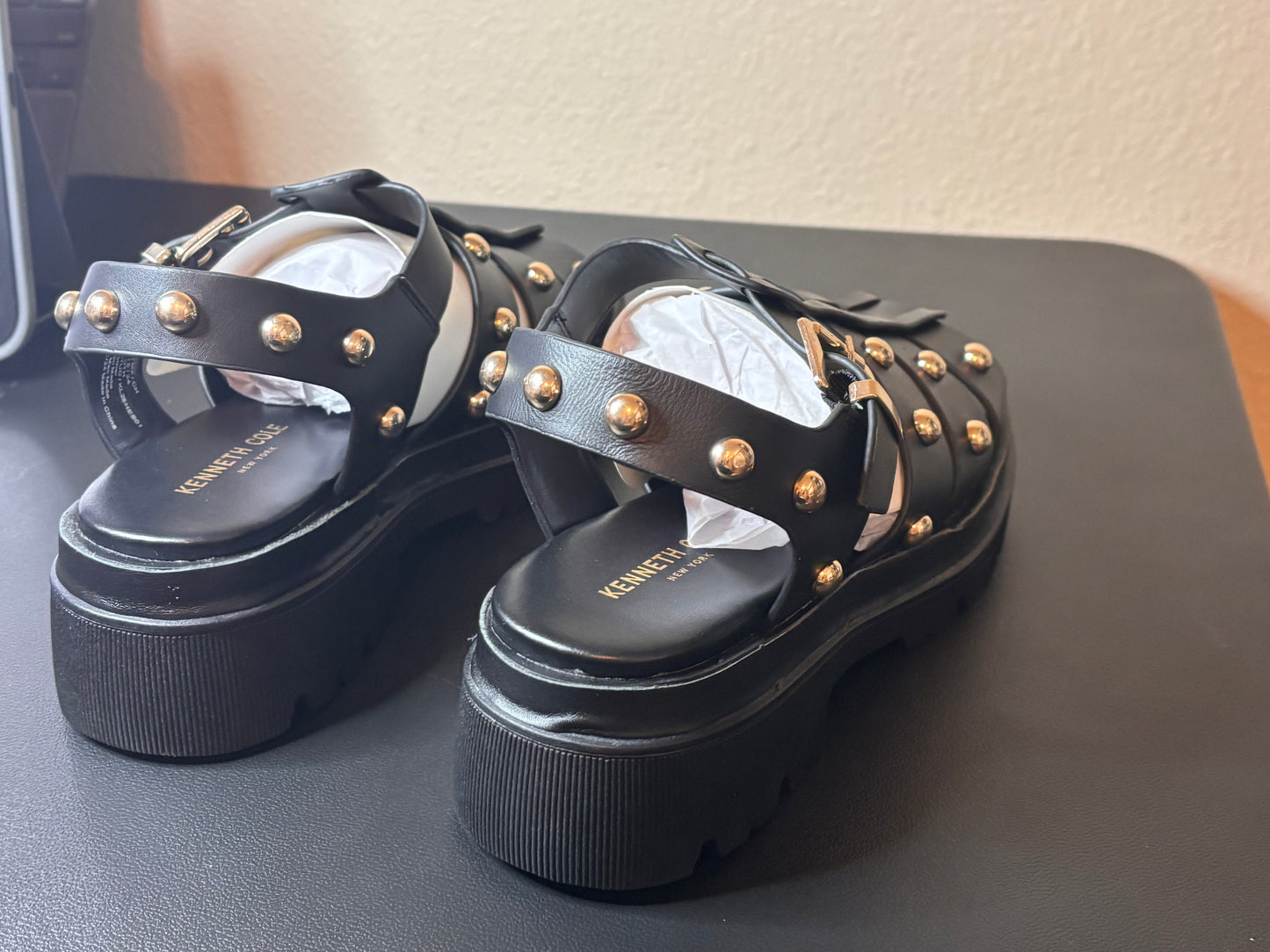 Kenneth Cole New York Black Studded Platform Gladiator Sandals with Ankle Strap
