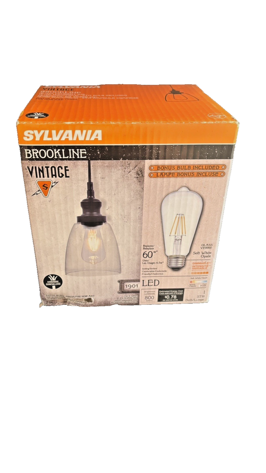 Sylvania Brookline Vintage Glass Pendant Light Fixture Matte Black Finish