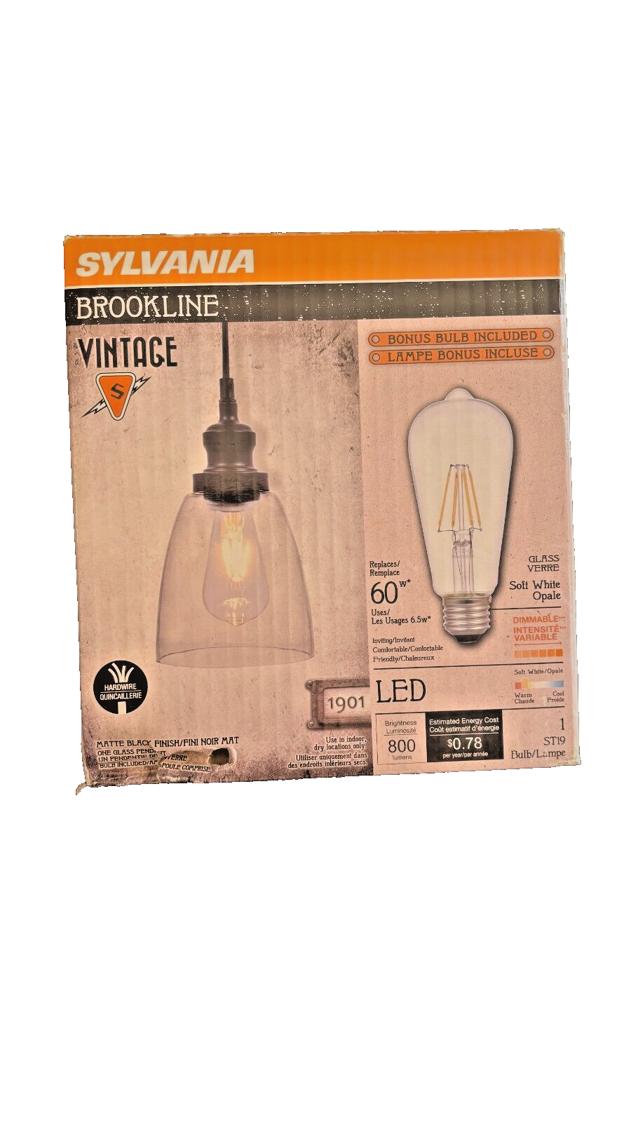 Sylvania Brookline Vintage Glass Pendant Light Fixture Matte Black Finish