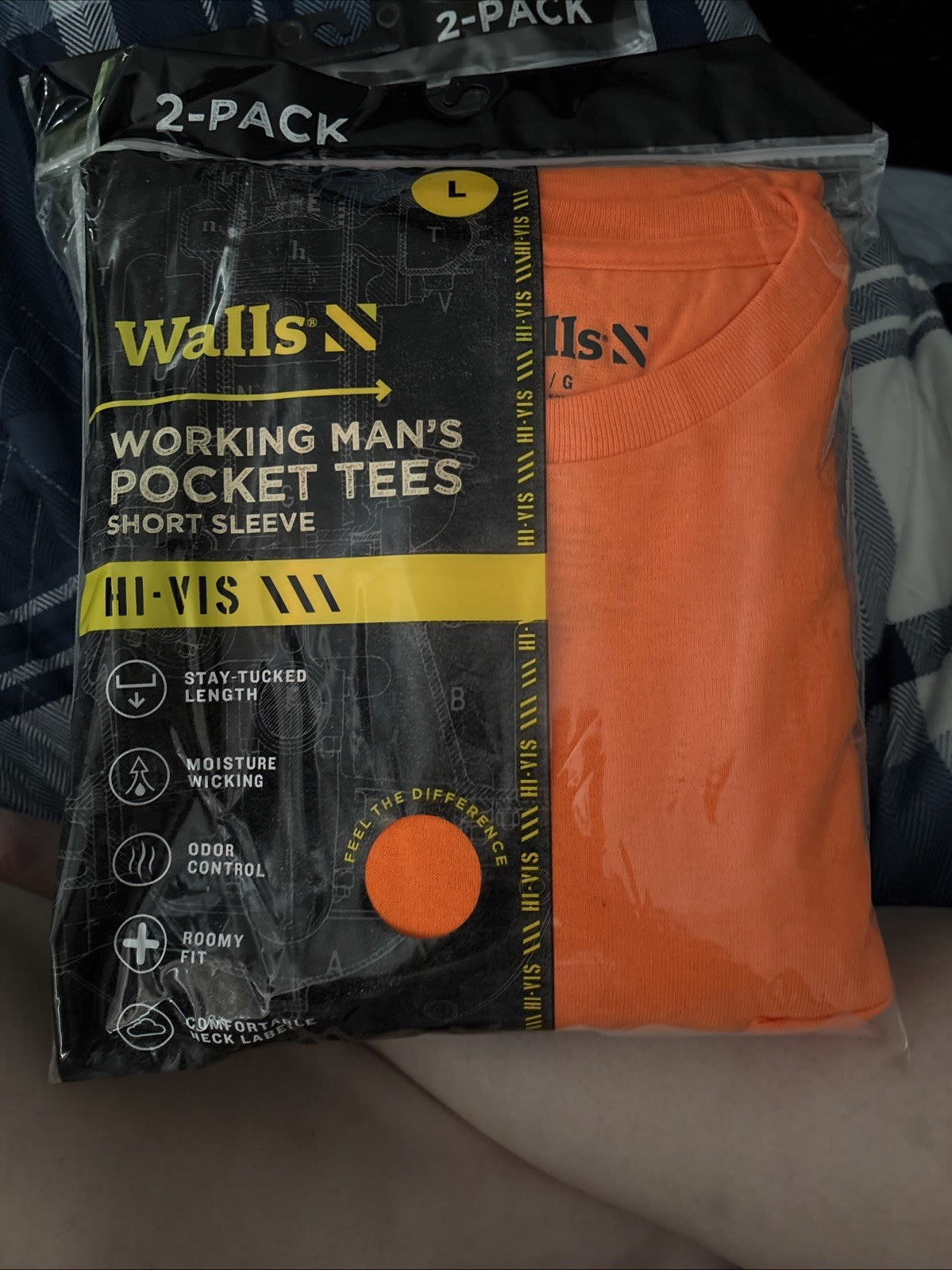 Walls Short Sleeve Working Man's Pocket Tees LARGE Hi Visible Orange 2 Pack New