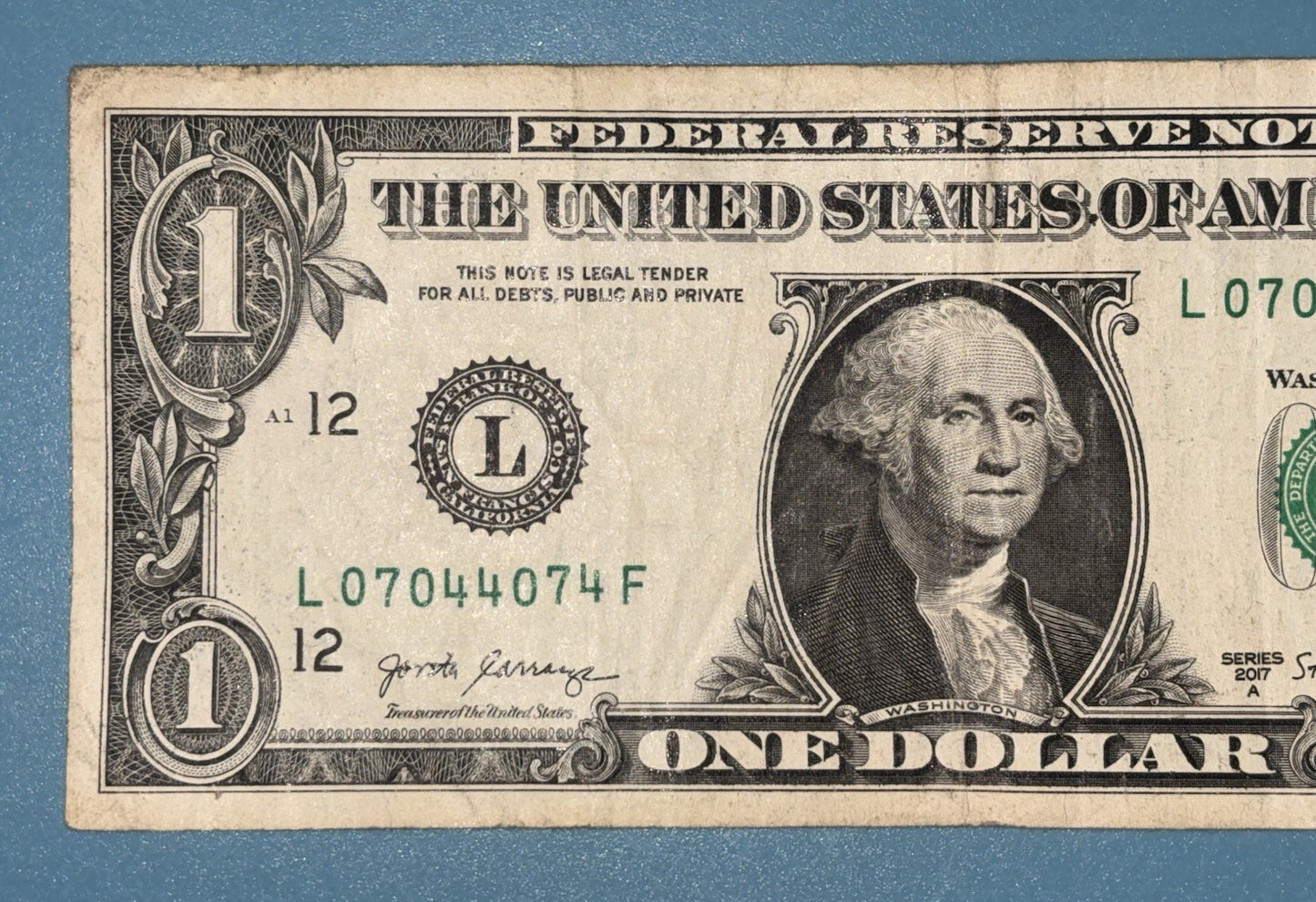 Series 2017A $1 Bill RADAR Fancy Serial Number 07044074 Trinary San Francisco L