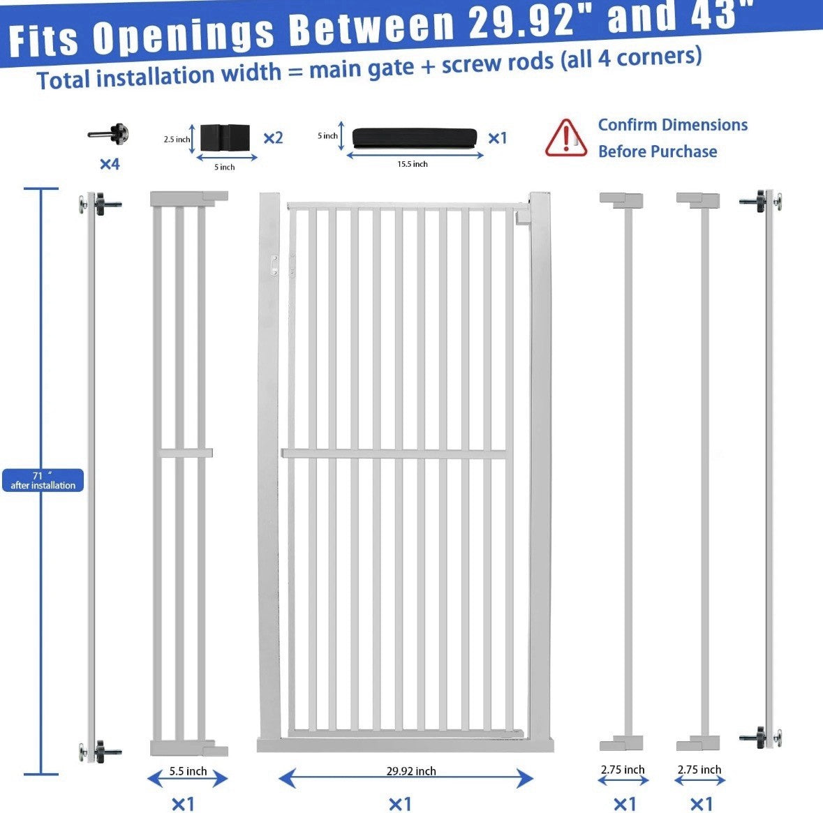 SHYUJAJIE 71 Inch Extra Tall Pet Gate for Cats, 29.5-43" Adjustable Wide Dog Gat