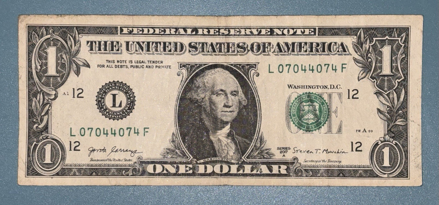 Series 2017A $1 Bill RADAR Fancy Serial Number 07044074 Trinary San Francisco L