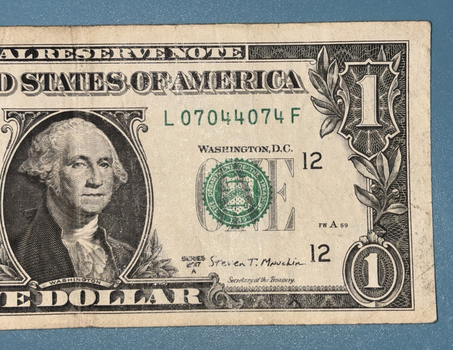 Series 2017A $1 Bill RADAR Fancy Serial Number 07044074 Trinary San Francisco L