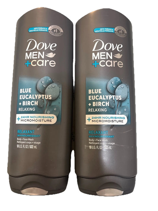 (2) Dove Men+Care Blue Eucalyptus Birch Skin Body Wash Micromoisture 13.5oz Each
