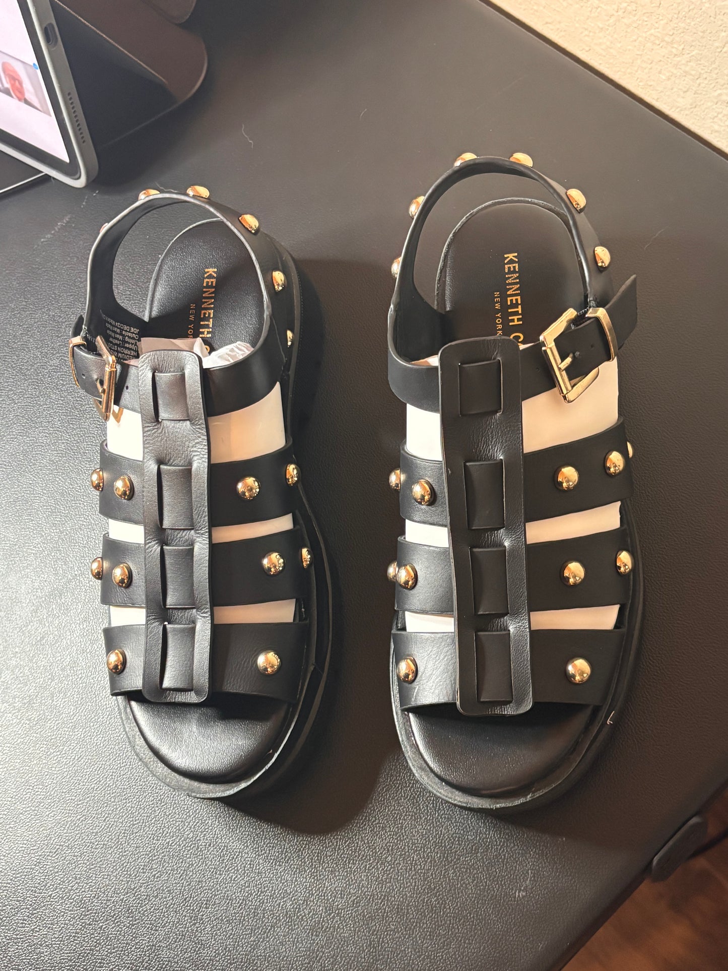 Kenneth Cole New York Black Studded Platform Gladiator Sandals with Ankle Strap
