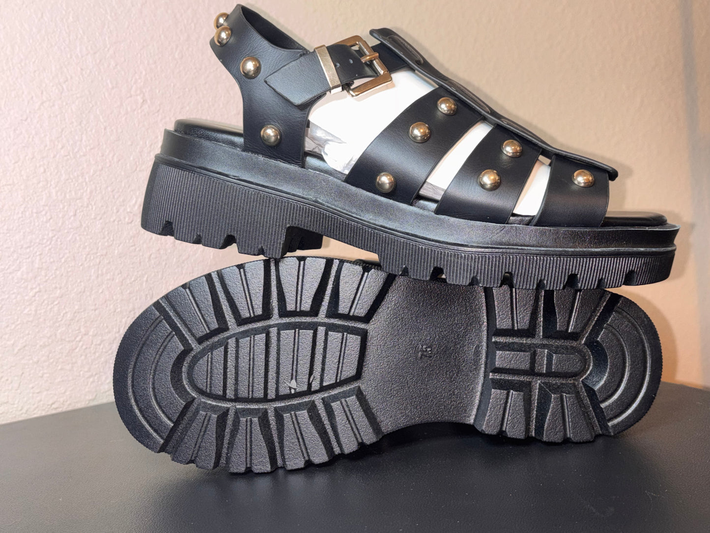 Kenneth Cole New York Black Studded Platform Gladiator Sandals with Ankle Strap
