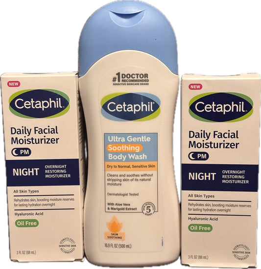 Cetaphil Bundle – 2x Night Facial Moisturizer + Ultra Gentle Soothing Body Was